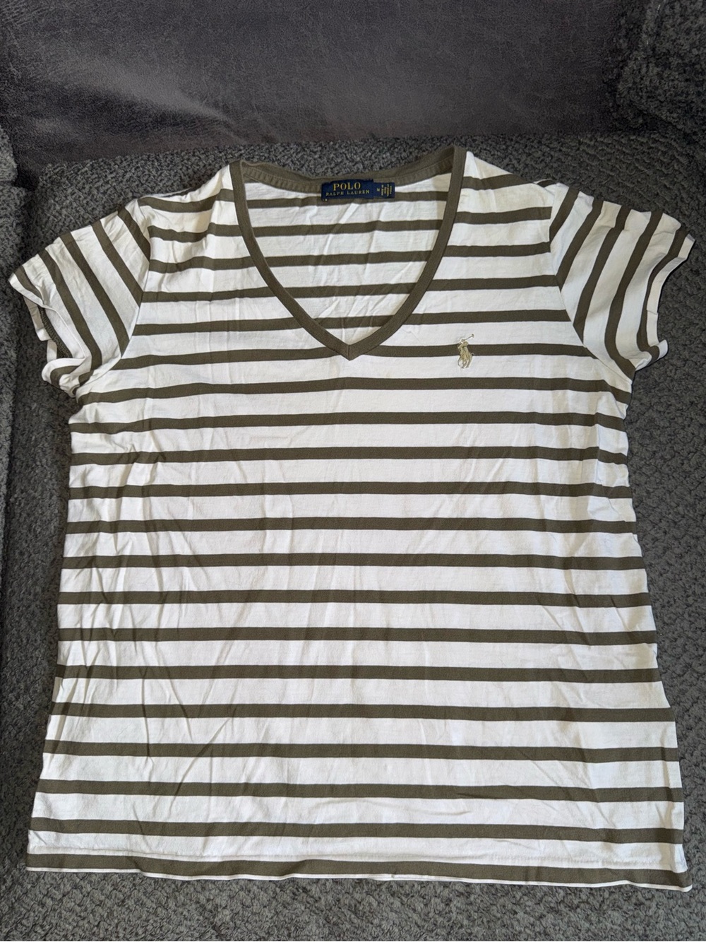 Ralph Lauren White and Olive Striped V-Neck Tee